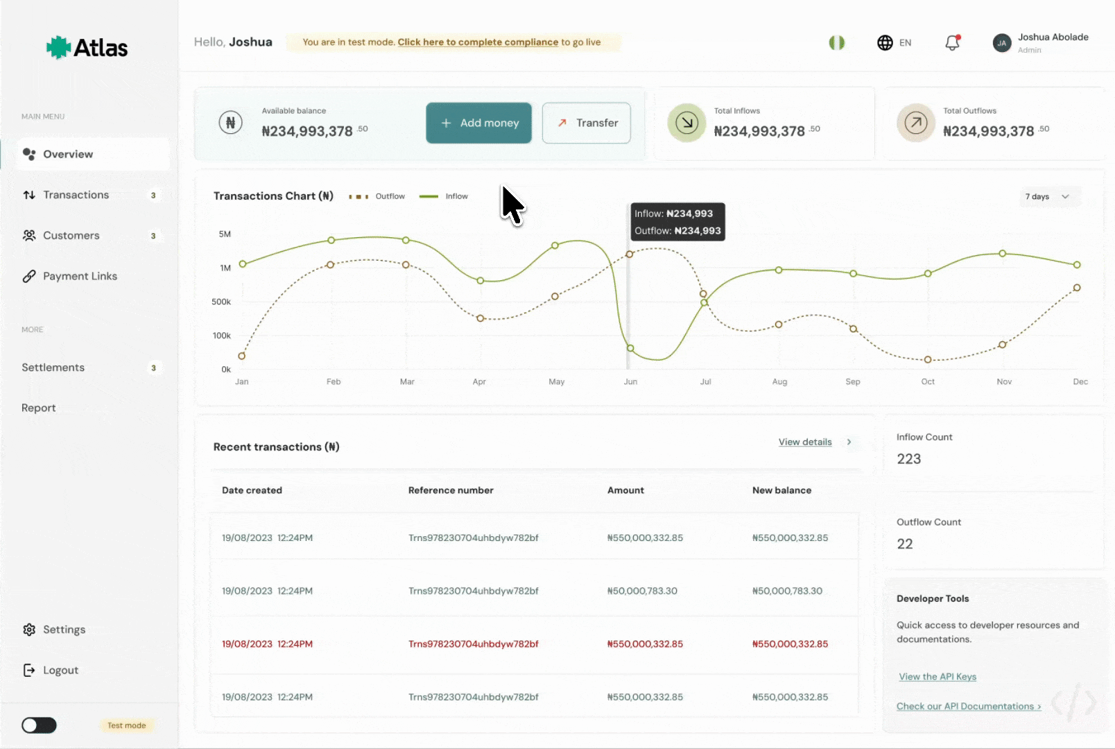Atlas dashboard showing the Add Money button and virtual account details