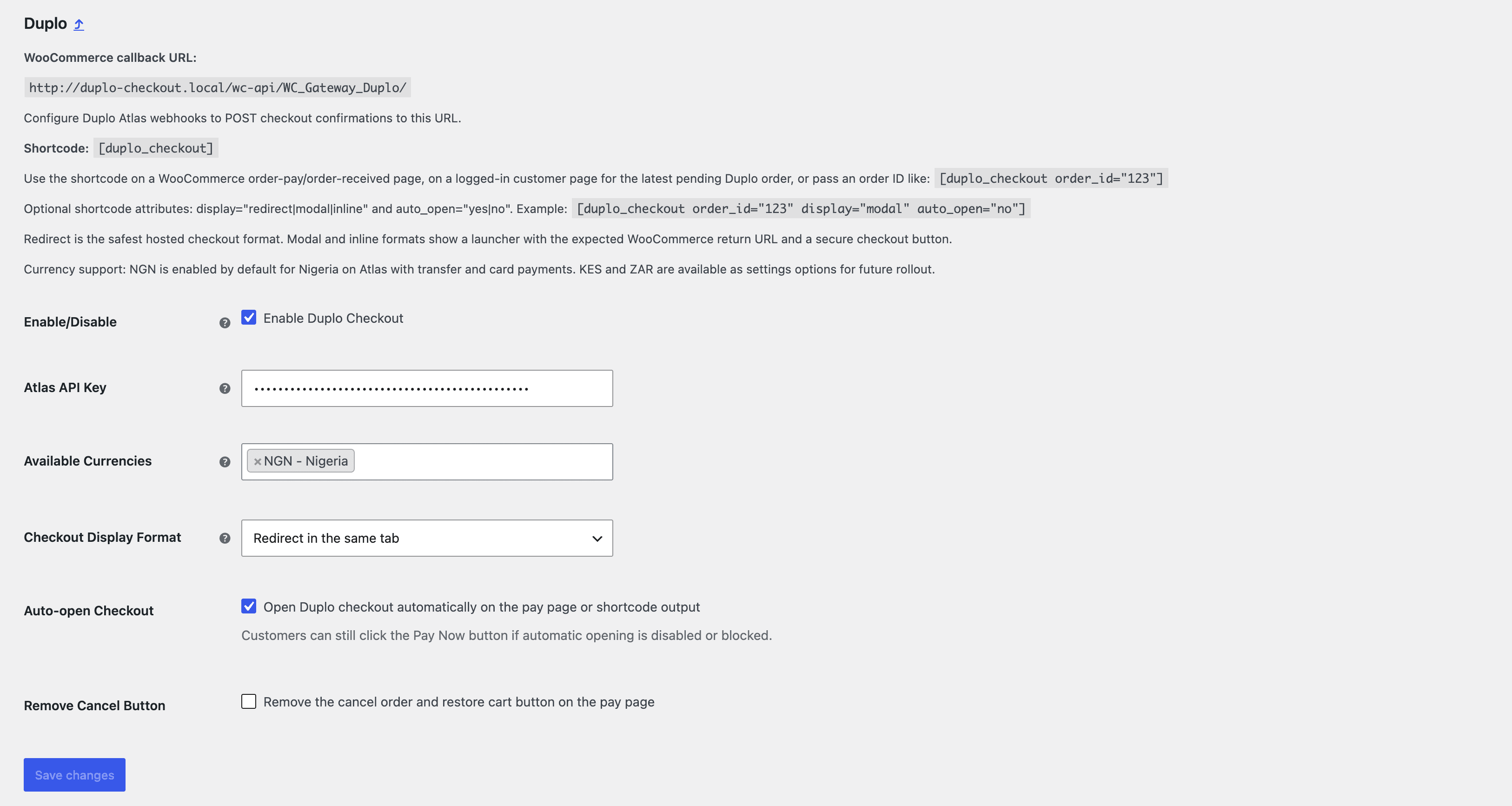 The Duplo Checkout settings page in WooCommerce