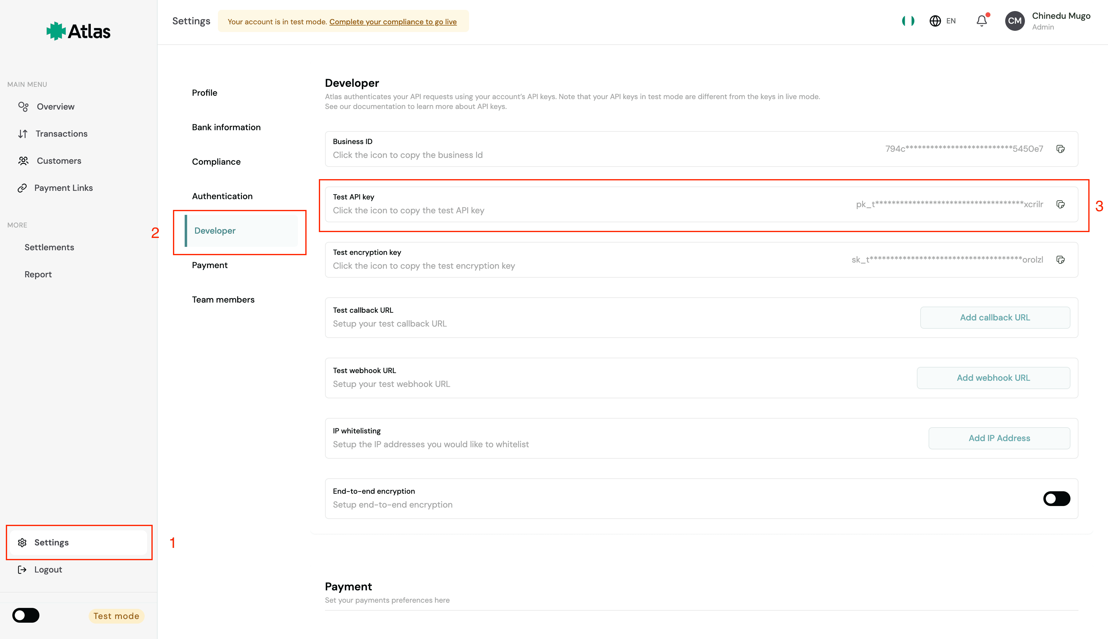 Atlas dashboard showing the Developers page.
