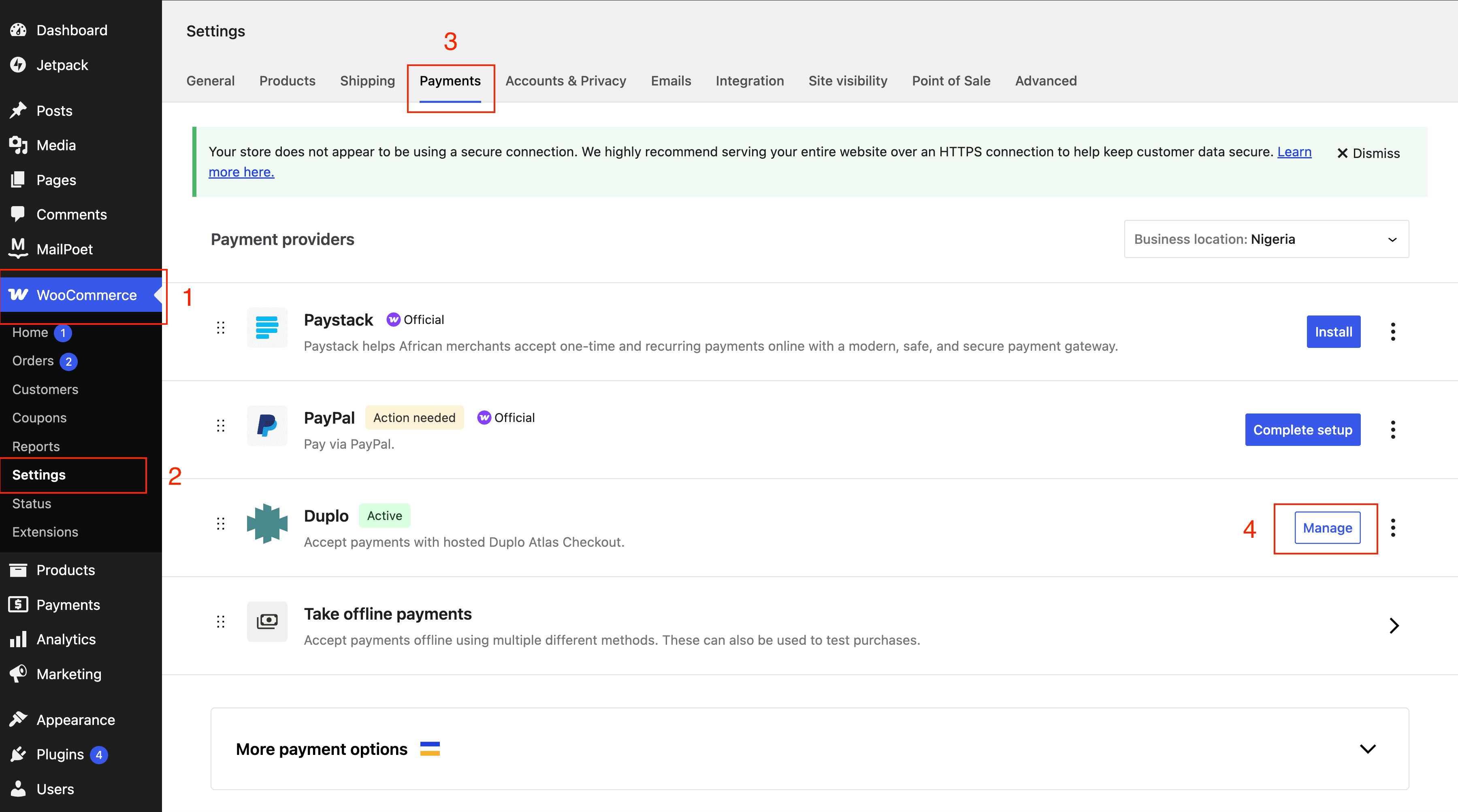 WooCommerce Payments settings with the Manage button on the Duplo gateway